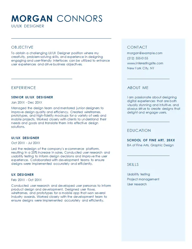 Enkel UI/UX designer CV-skabelon med minimalistisk design til kreative professionelle