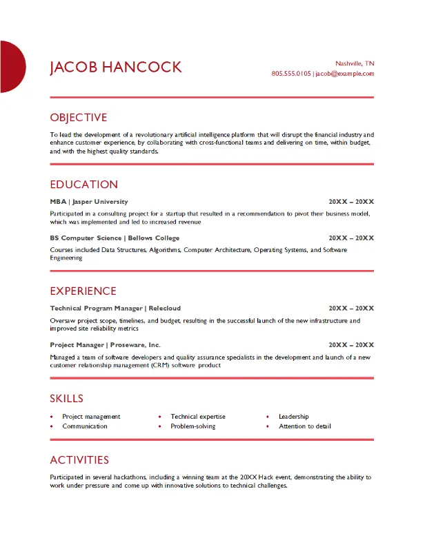 Projektmanagement-Lebenslaufvorlage mit klarem, professionellem Design für Führungsrollen