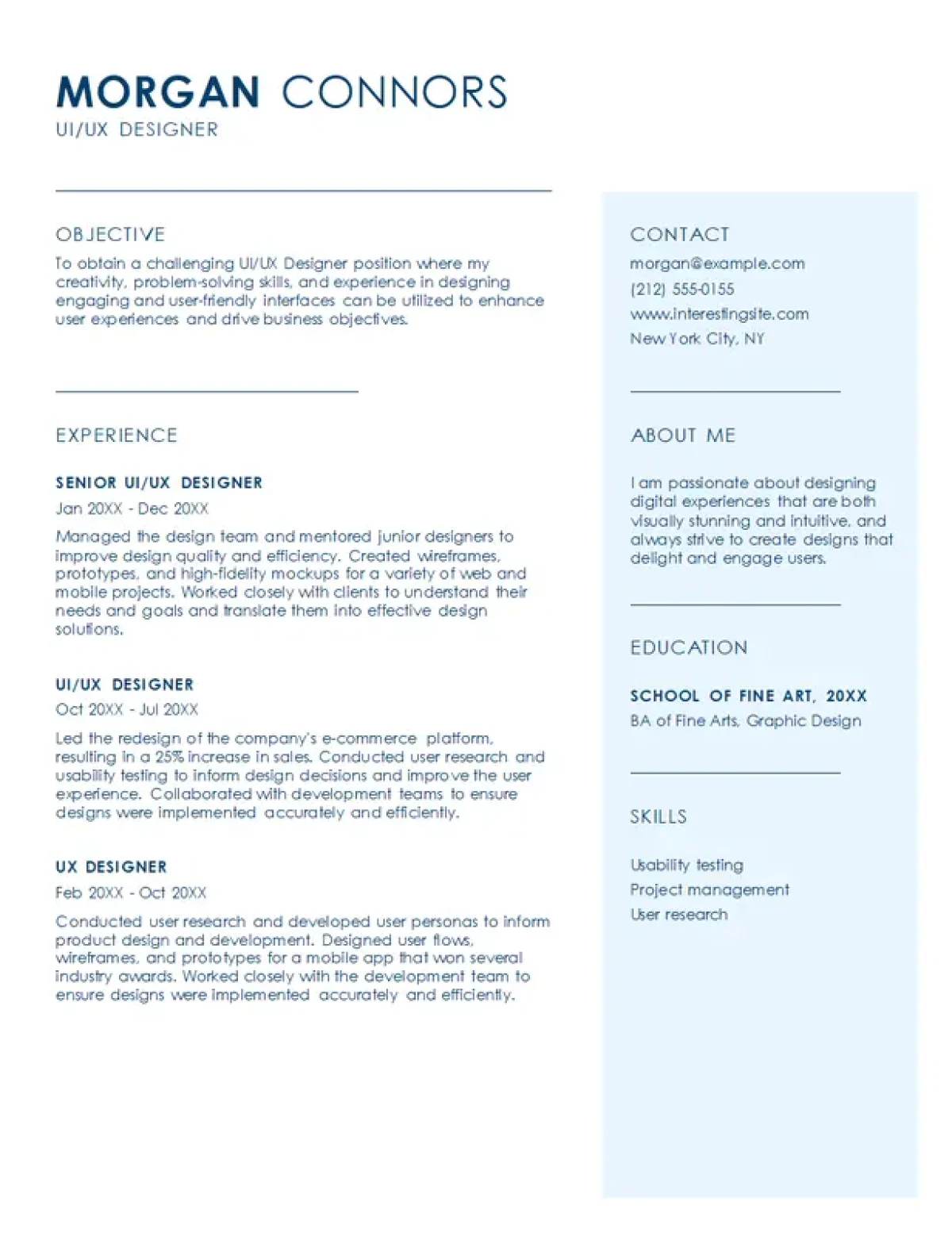 Einfache UI/UX-Designer-Lebenslaufvorlage mit minimalistischem Design für kreative Fachkräfte