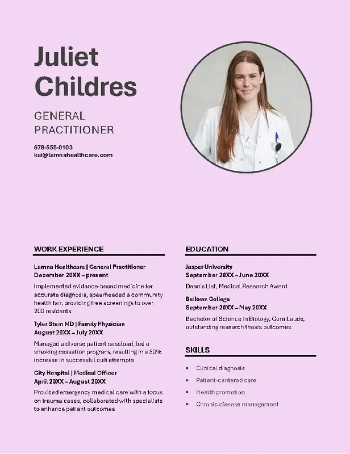 Plantilla de currículum simple para el sector salud con un diseño claro y organizado para profesionales médicos