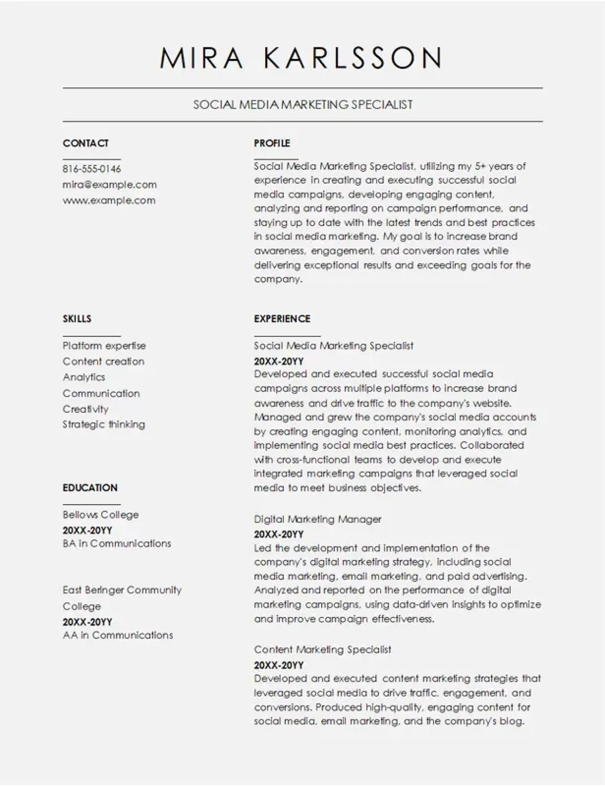 Modèle de CV pour le marketing des réseaux sociaux avec un design créatif pour les professionnels du marketing digital