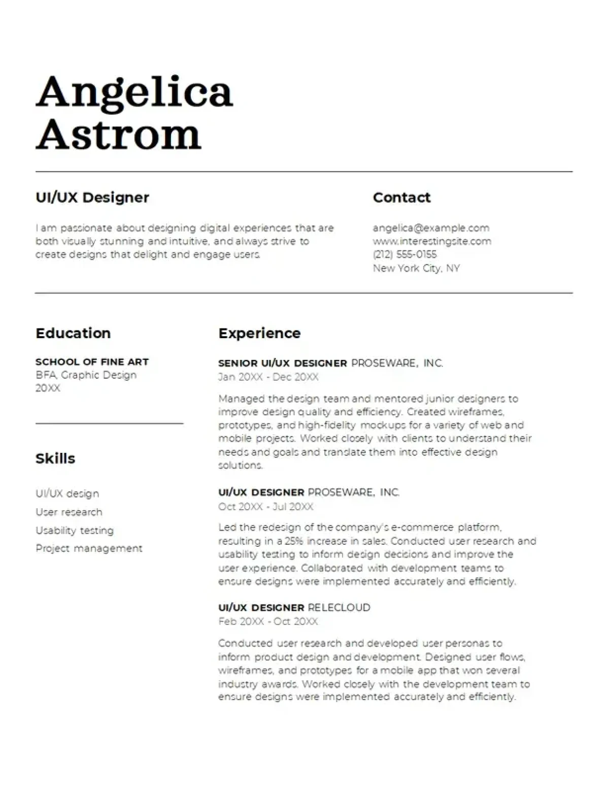 Klassiek UI/UX designer CV-sjabloon met een strak en gestructureerd ontwerp
