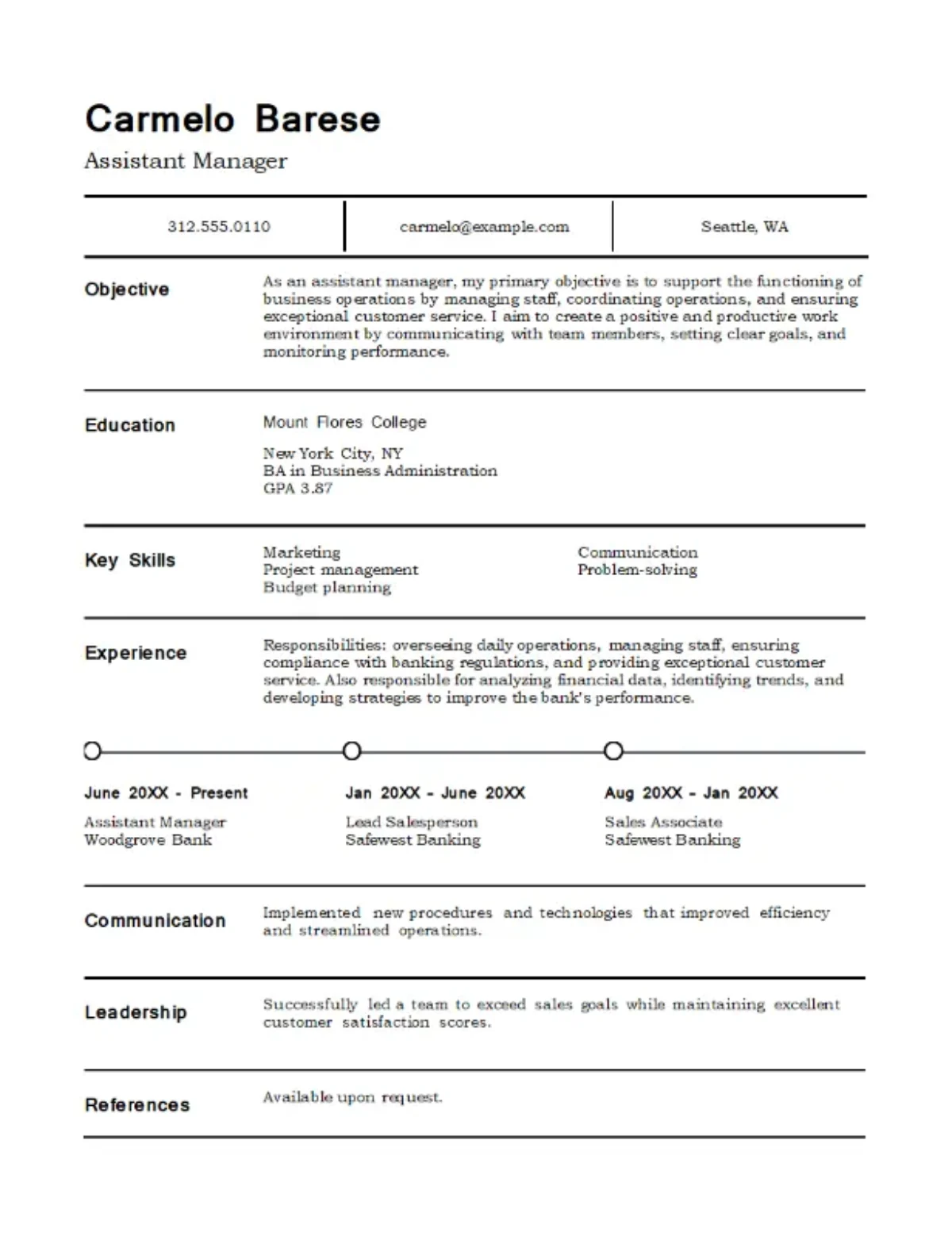 Klassiek management CV-sjabloon met een schone, professionele lay-out voor leiderschapsrollen