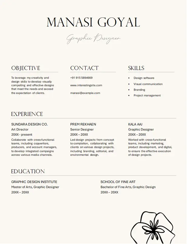 Elegant grafisk design-CV-mal med et raffinert oppsett for kreative profesjonelle