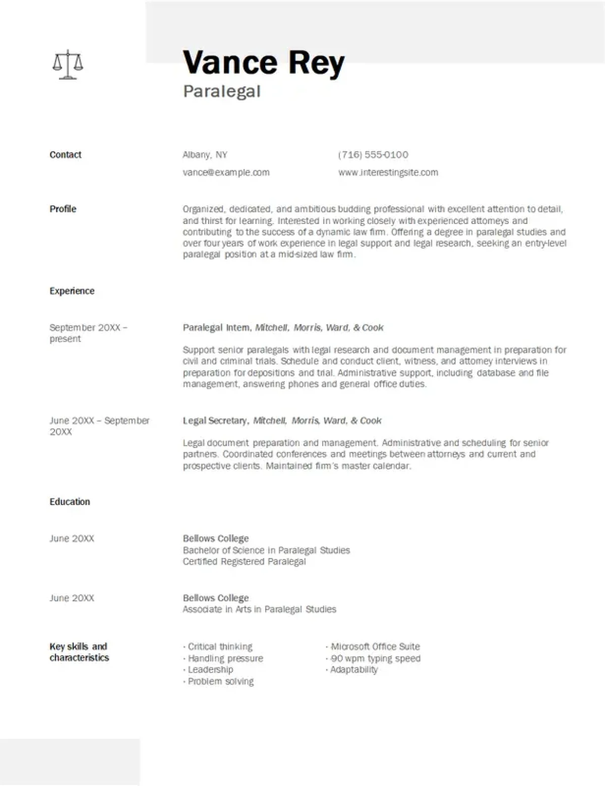Profesjonell paralegal-CV-mal for juridiske støttefunksjoner