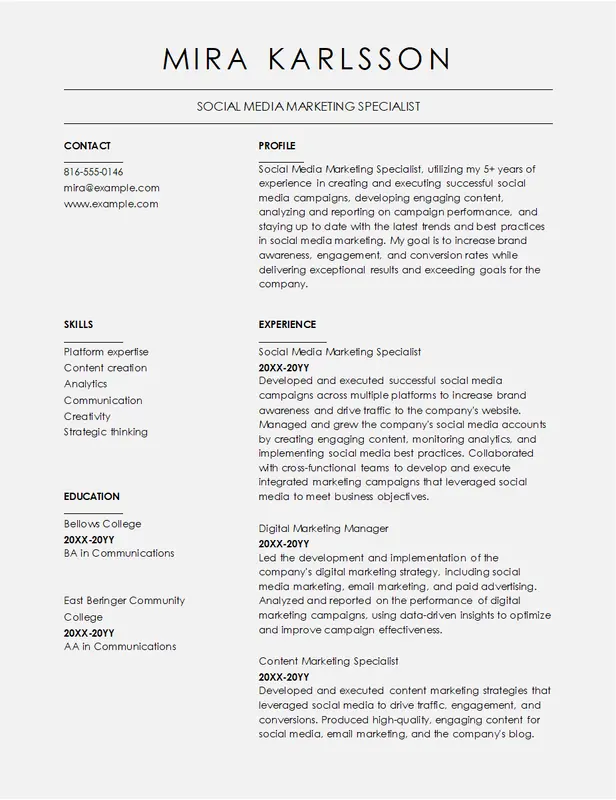 Szablon CV marketingu w social mediach z kreatywnym projektem dla specjalistów od cyfrowego marketingu