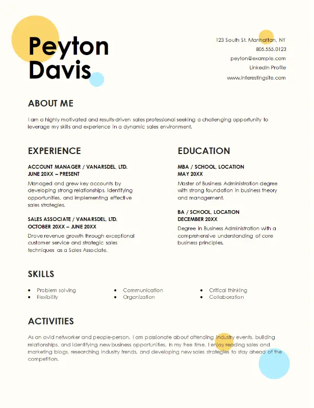 Creative sales resume template with a dynamic and visually appealing design for sales professionals