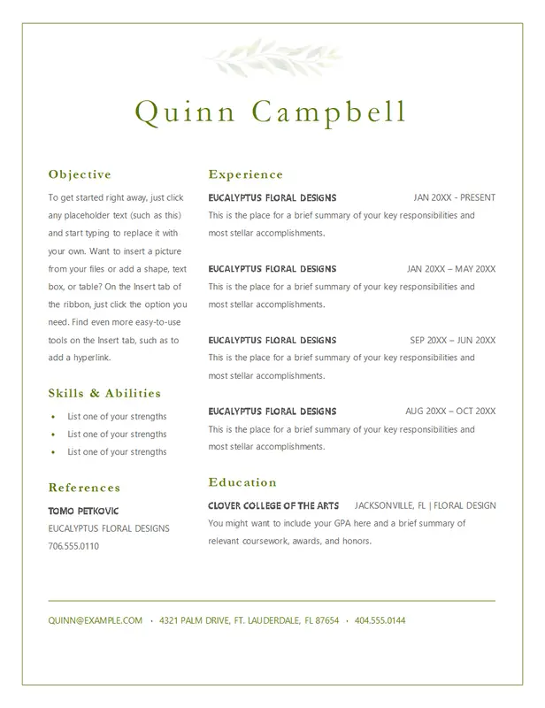 Elegant florist resume template with a creative and professional design