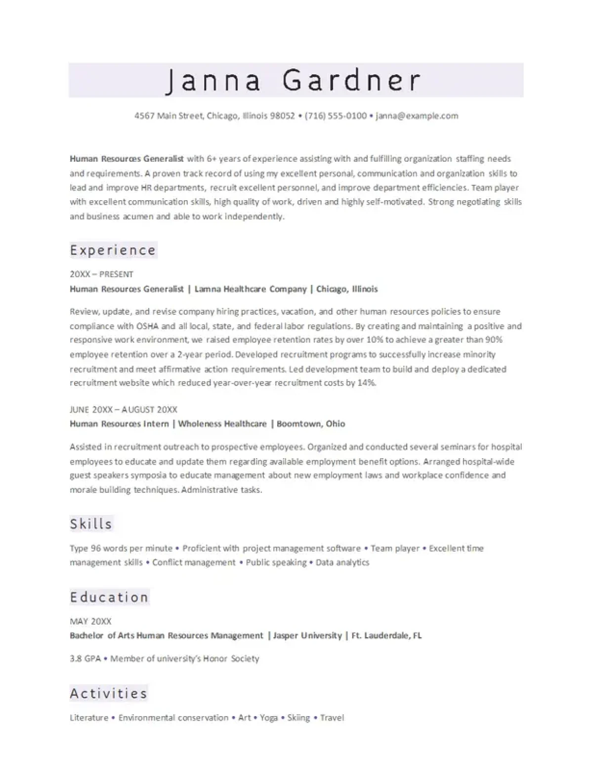 Classic ATS-optimized HR resume template for human resources roles