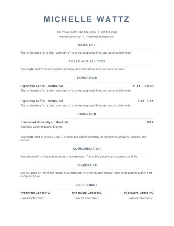 ATS-friendly food service resume template for hospitality roles with a simple, professional design