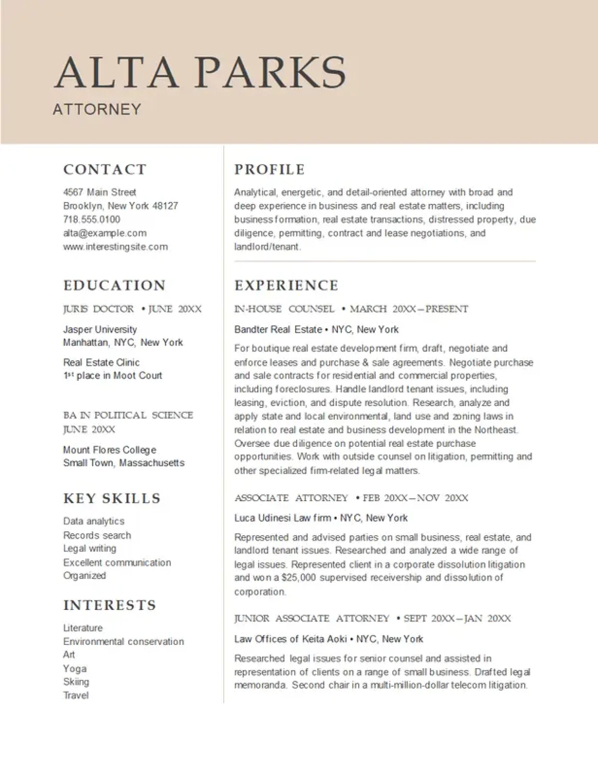 Attorney resume template with a clean, professional design for legal professionals