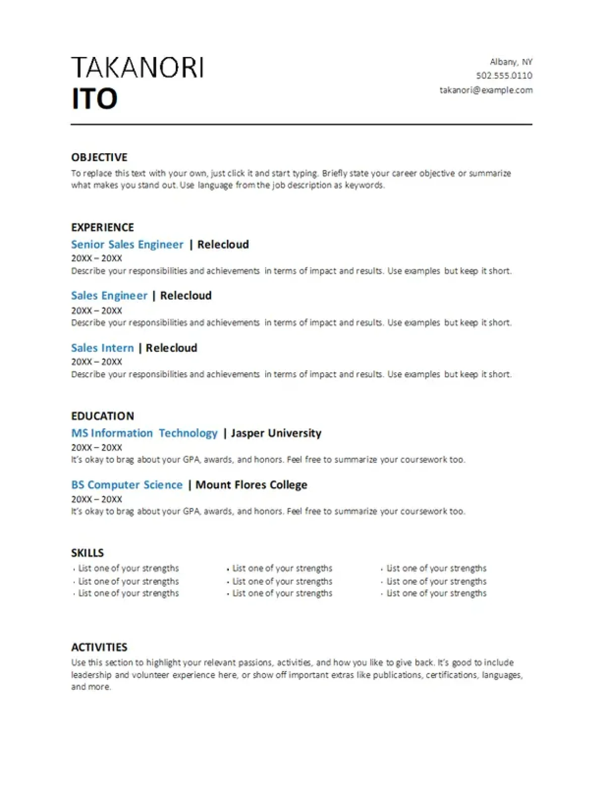 Basic sales resume template with a clean and professional design for sales roles