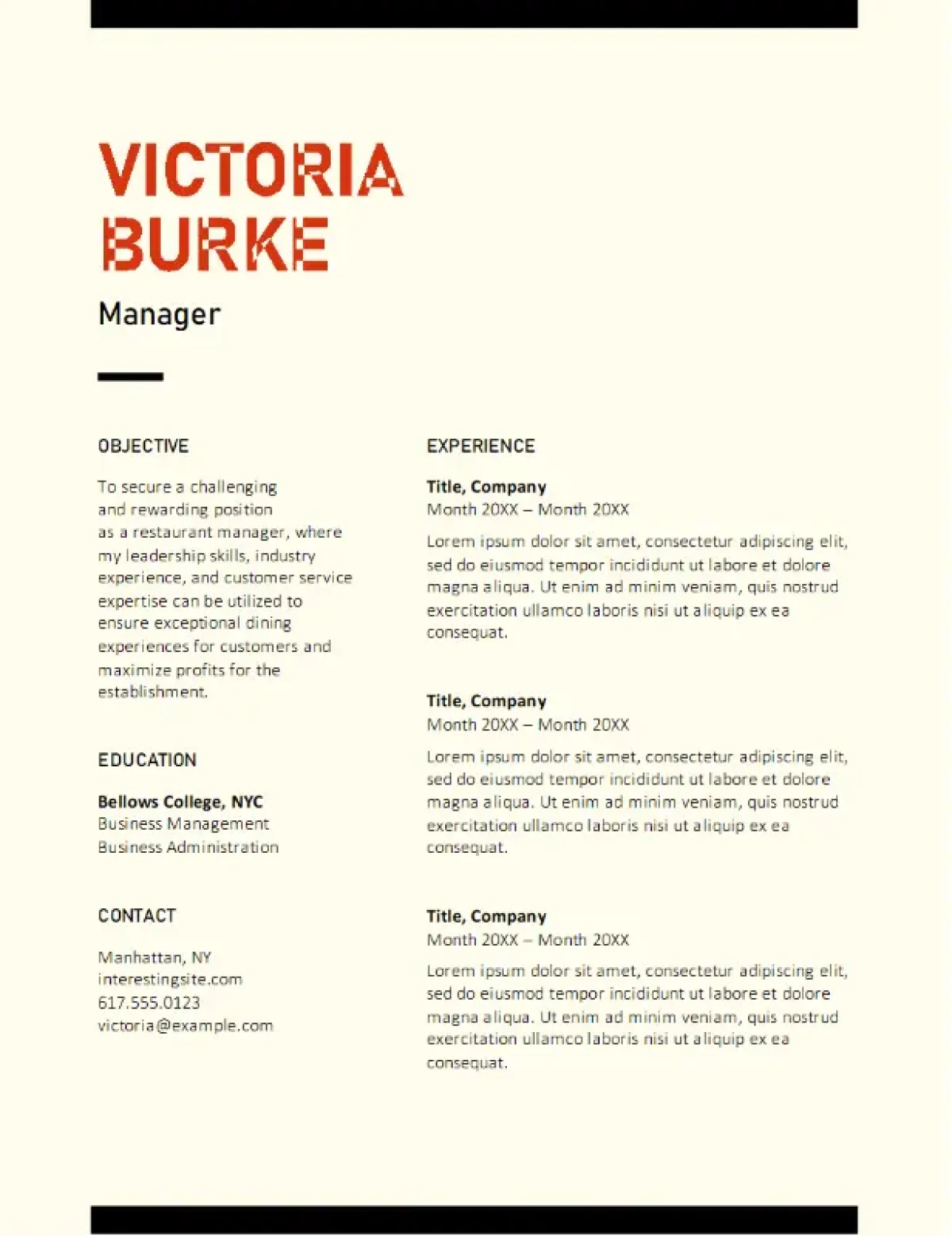 Bold food service resume template with a structured design for hospitality professionals