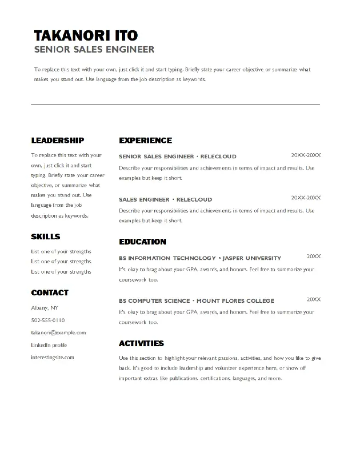 Bold sales resume template with a strong and confident design for sales roles