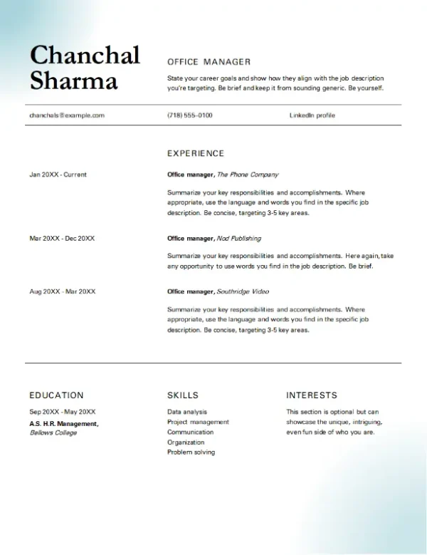 Classic office manager resume template with a clean and professional design