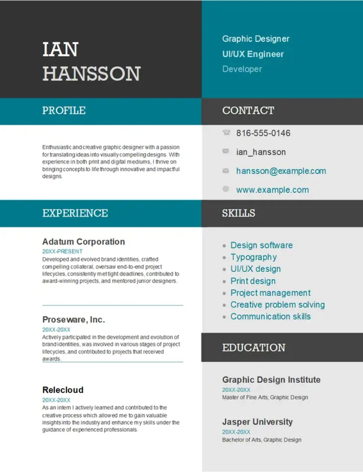 Color block resume template with a vibrant and modern design for creative professionals