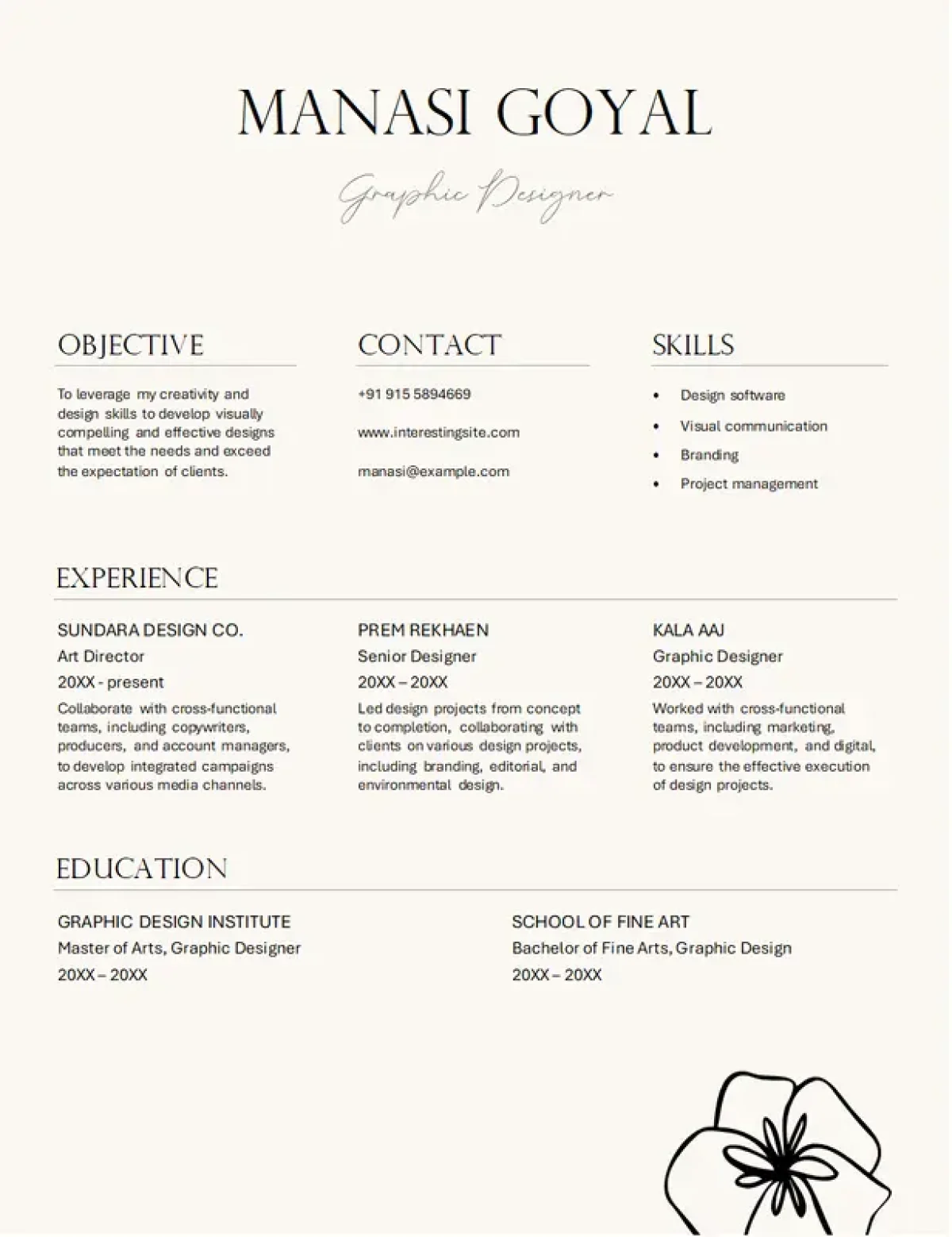 Elegant graphic design resume template with a refined layout for creative professionals