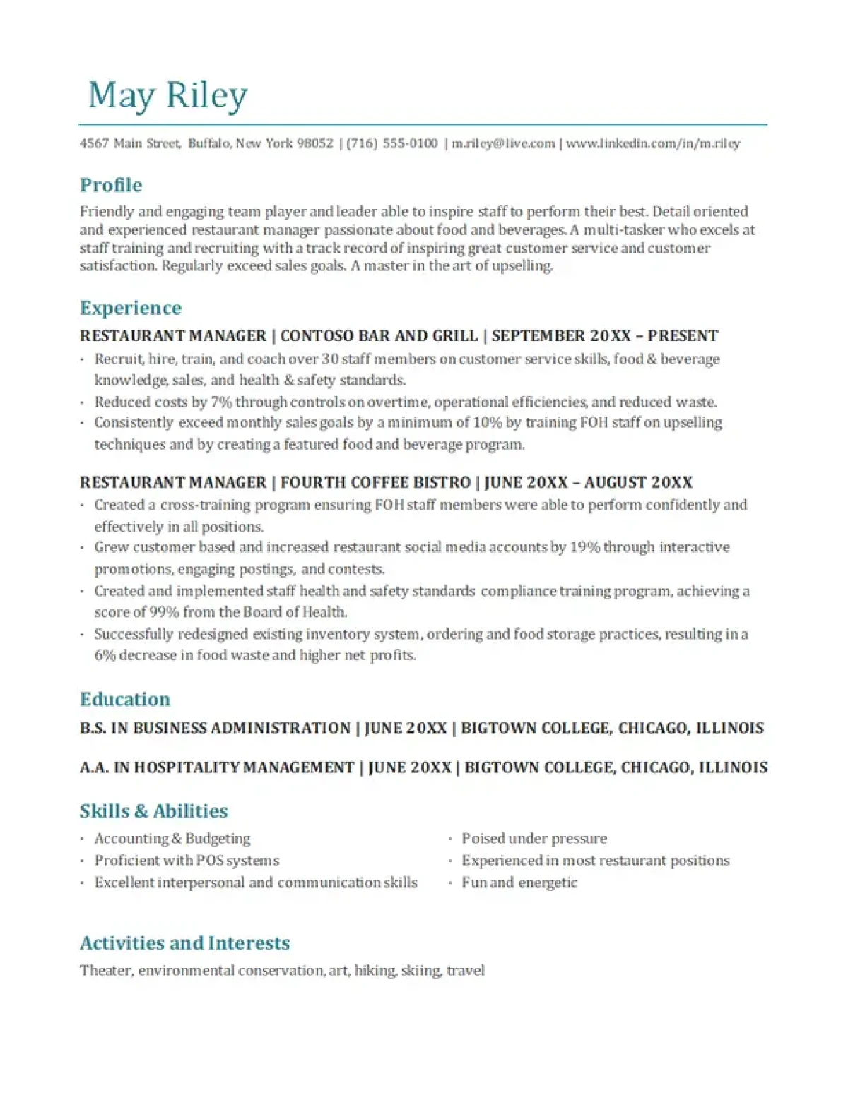Industry manager resume template with a clean, professional design for leadership roles
