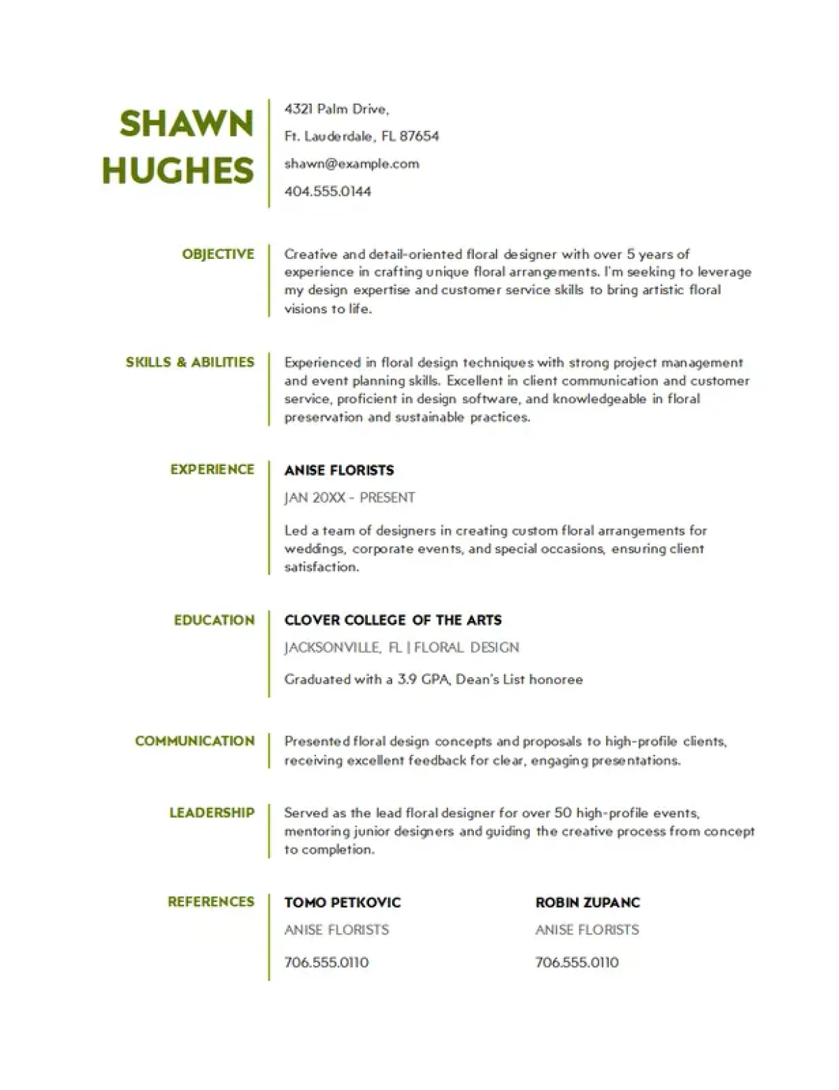 Modern florist resume template with a sleek and creative design for floral professionals