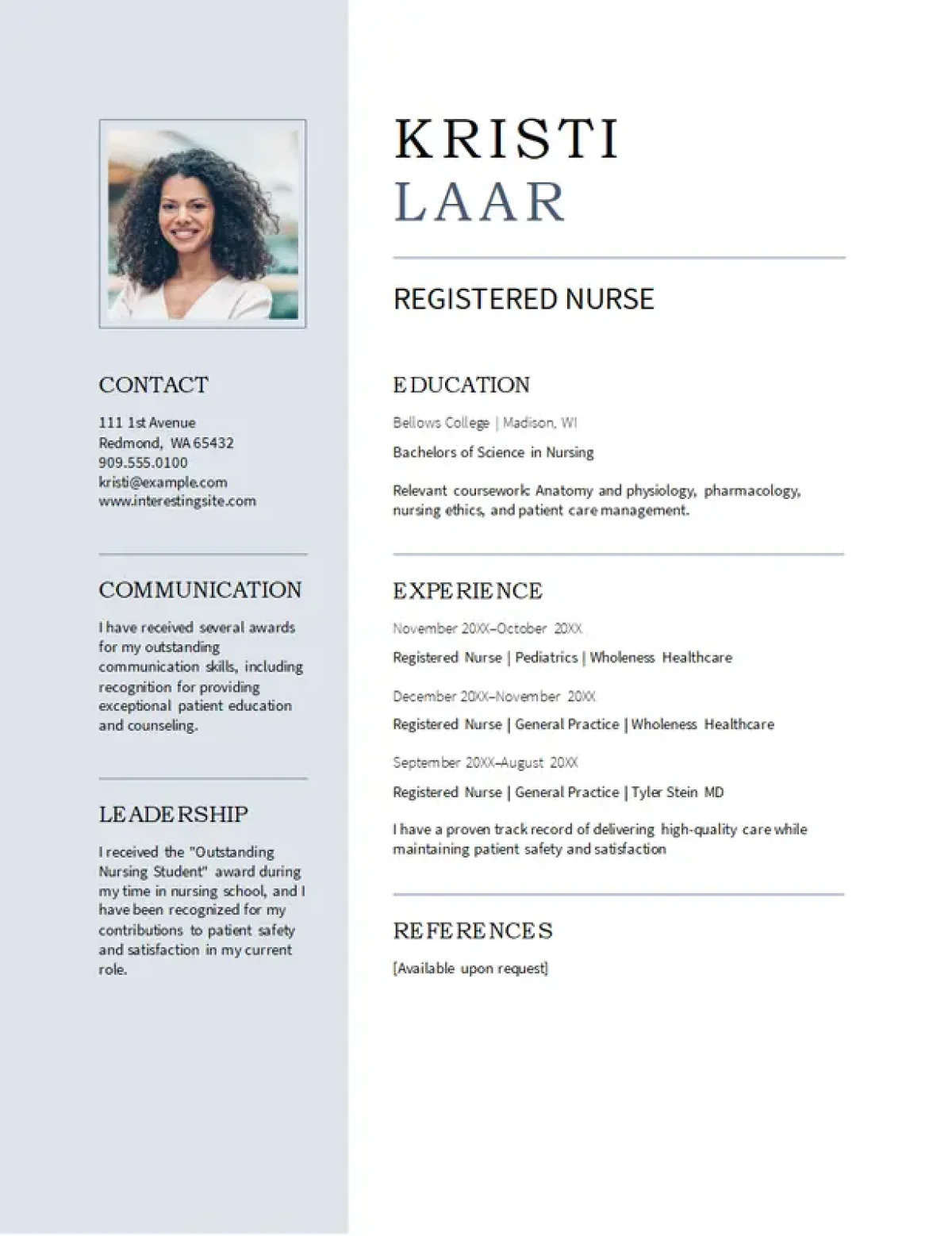 Modern nursing resume template with a clean, professional design for healthcare roles