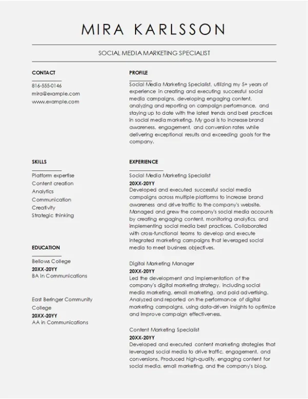 Social media marketing resume template with a creative design for digital marketing professionals